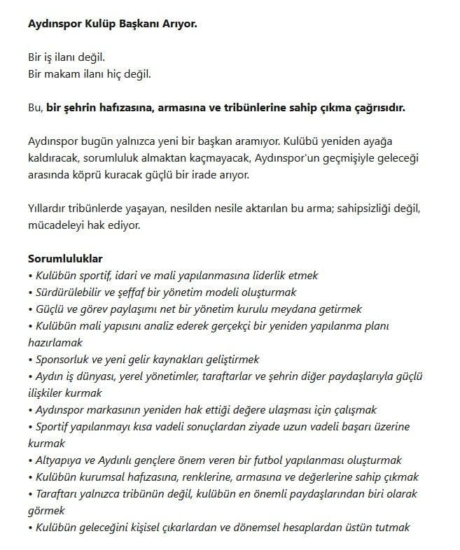 Aydınspor kulüp başkanı ilanı